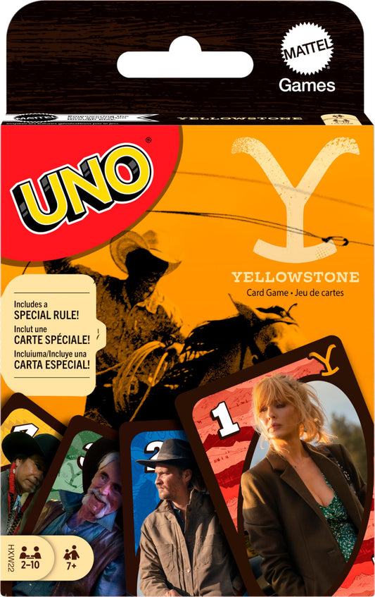 Mattel Games UNO Yellowstone deck art featuring Yellowstone characters for family game night.
