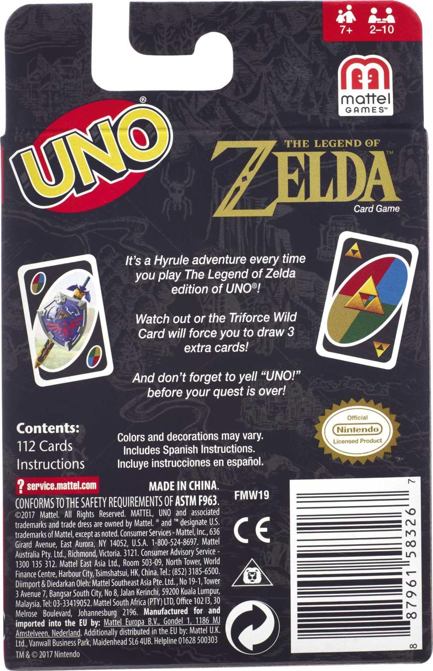 Instructions from Mattel Games UNO Zelda explain quick setup for 2-10 players.