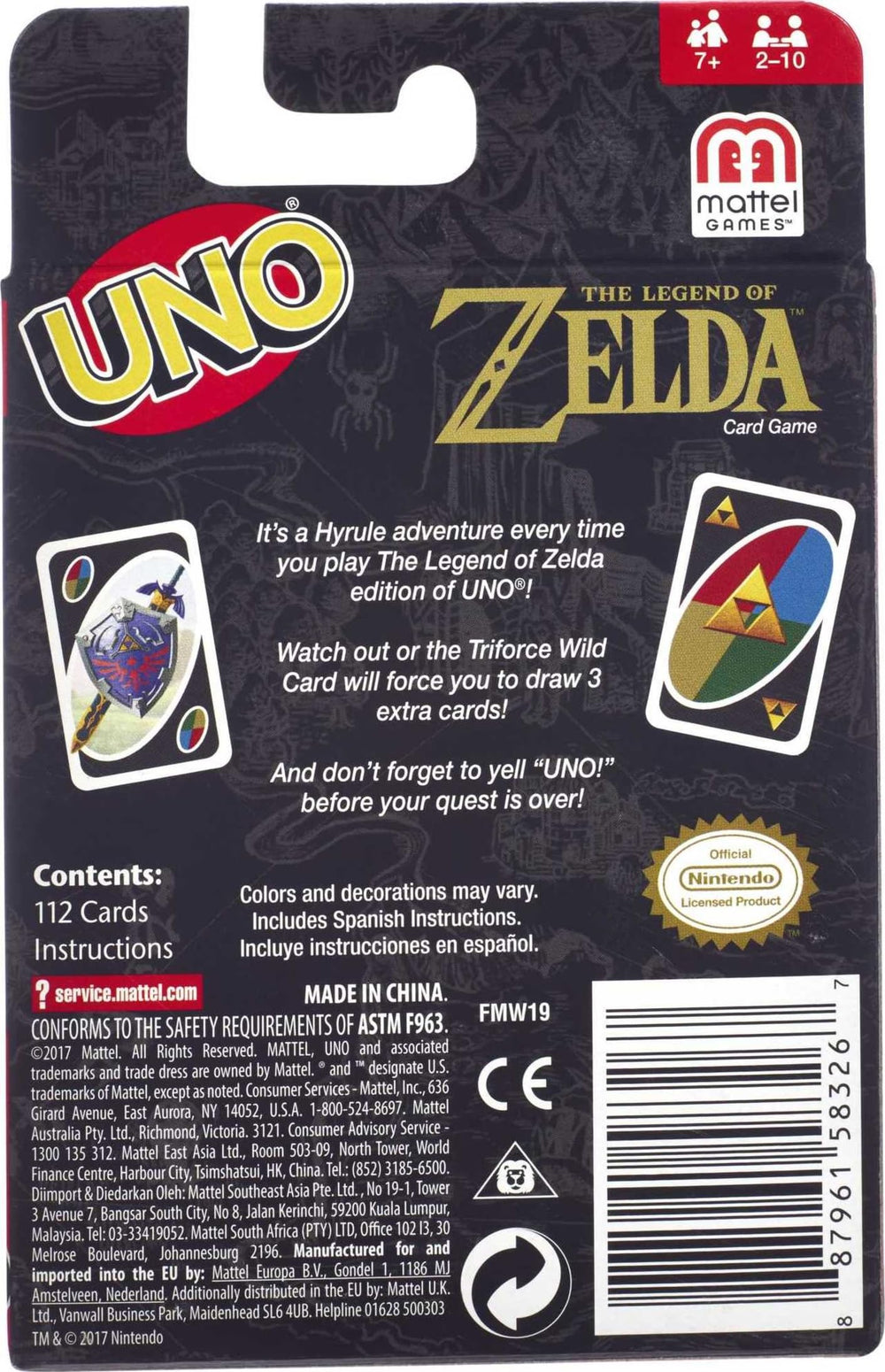 Instructions from Mattel Games UNO Zelda explain quick setup for 2-10 players.