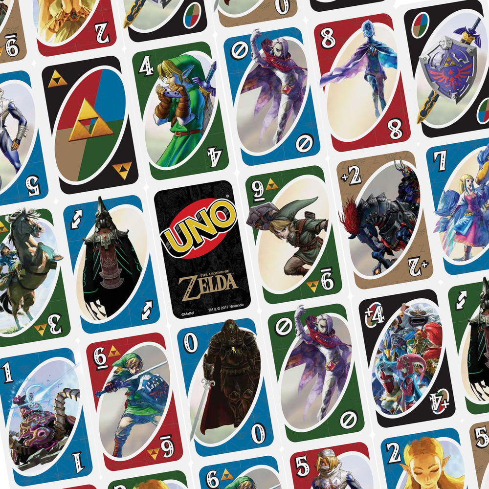 Mattel Games UNO Zelda play area with cards on a table.