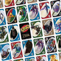 Mattel Games UNO Zelda play area with cards on a table.