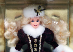 Mattel Happy Holidays Barbie 1996 doll stand, keepsake for secure shelf display.