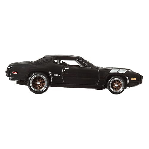 Mattel Hot Wheels 1971 Plymouth GTX rear angled view emphasizes sleek silhouette.