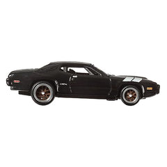 Mattel Hot Wheels 1971 Plymouth GTX rear angled view emphasizes sleek silhouette.