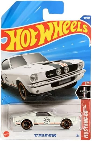 Mattel Hot Wheels 67 Shelby GT500 Mustang white packaging view shows durable collector-friendly presentation