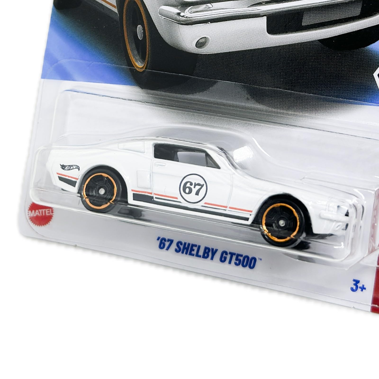 Mattel Hot Wheels 67 Shelby GT500 Mustang white side view emphasizes scale and craftsmanship