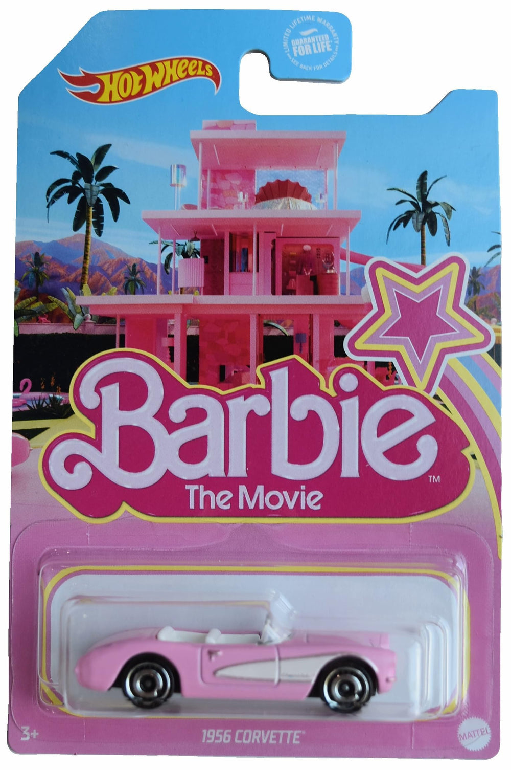 Mattel Hot Wheels Barbie Movie 1956 pink Corvette die-cast car for collectors and imaginative play.