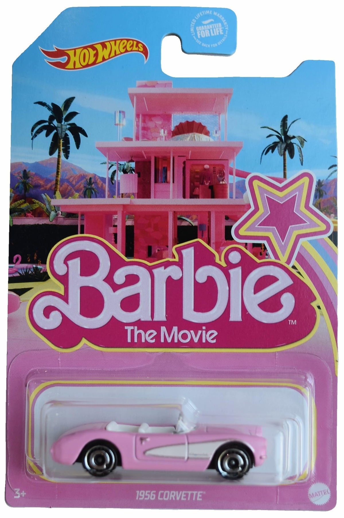 Mattel Hot Wheels Barbie Movie 1956 pink Corvette die-cast car for collectors and imaginative play.
