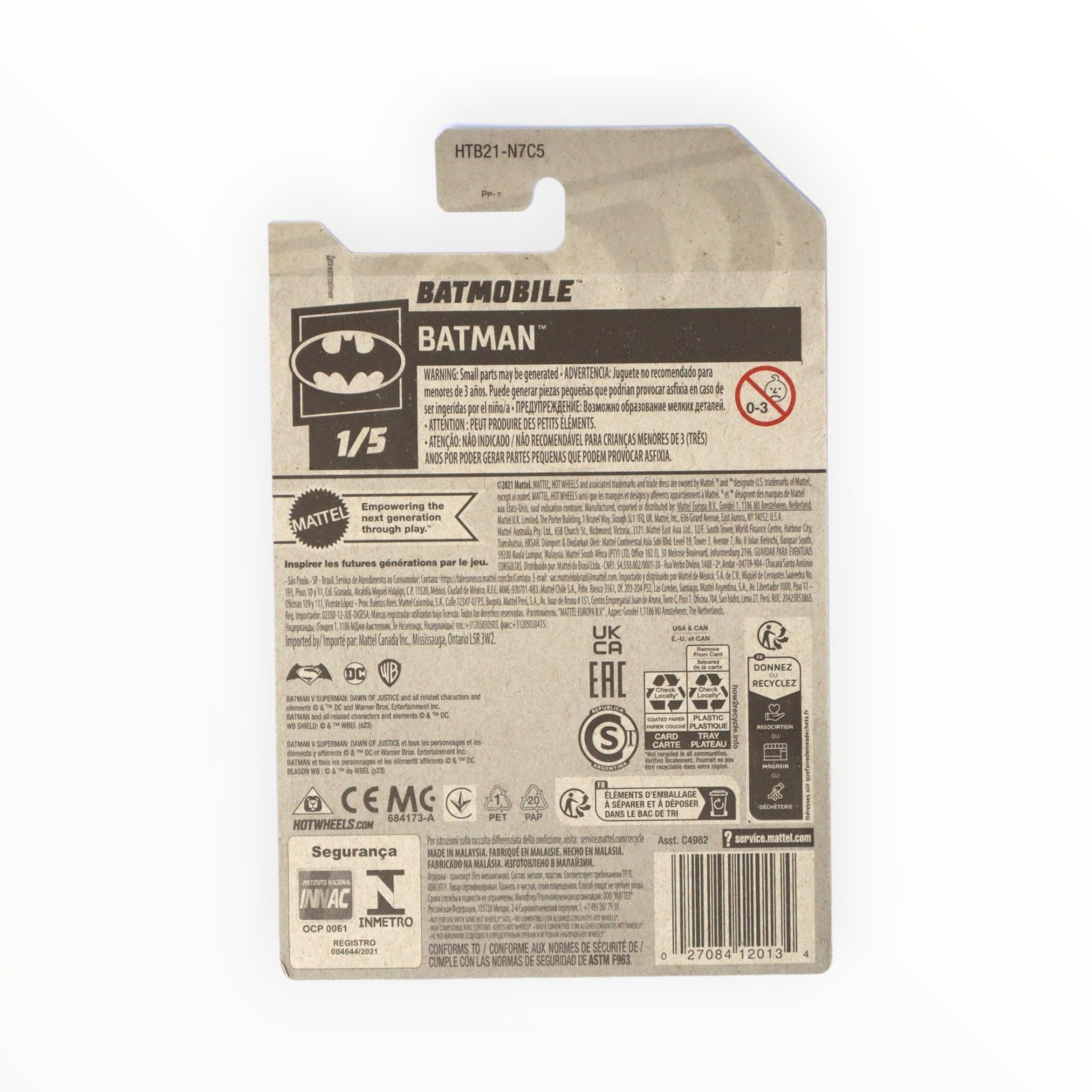 Mattel Hot Wheels Batmobile Batman 1:64 scale side view, perfect for display and imaginative play.