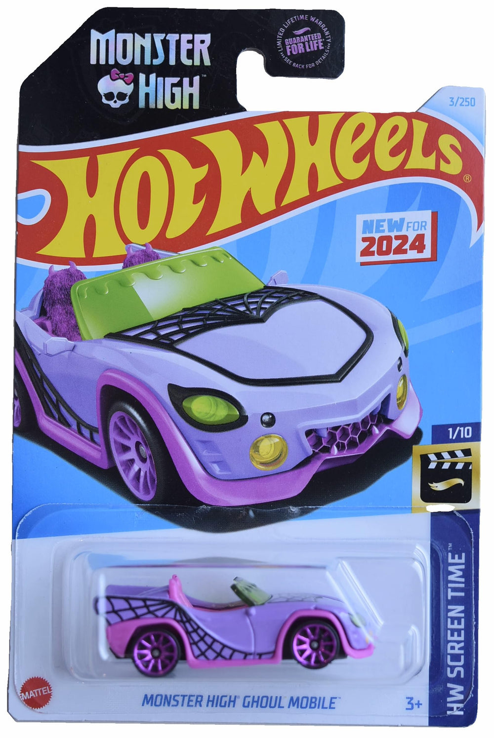 Mattel Hot Wheels Ghoul Mobile purple front view, ideal for display and play.