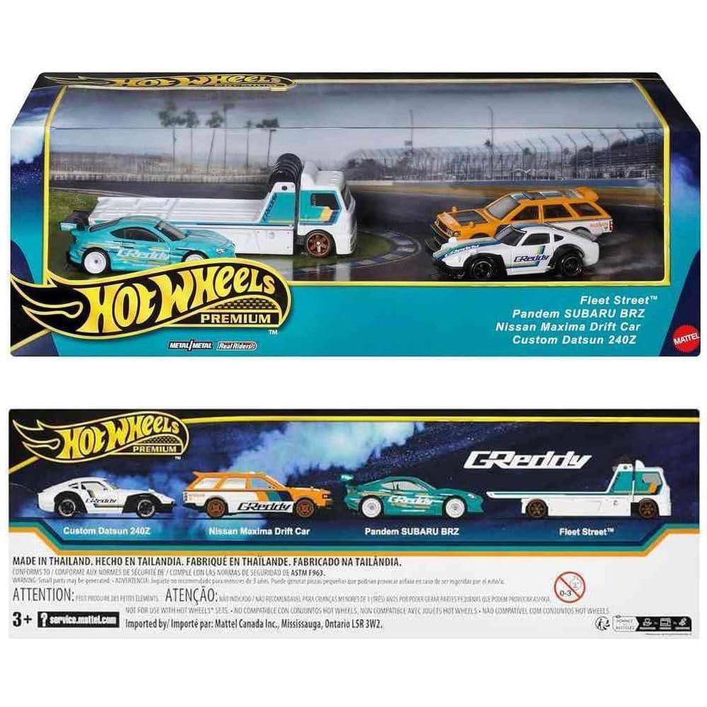Mattel Hot Wheels Premium BRE Datsun 1:64 window-box packaging promotes display.