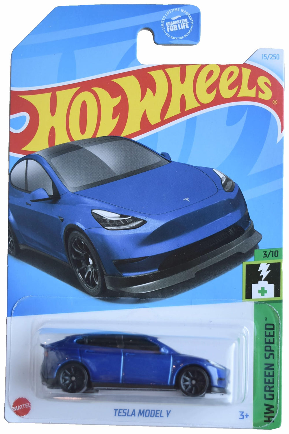 Mattel Hot Wheels Tesla Model Y blue side view, ideal for display and collectors.