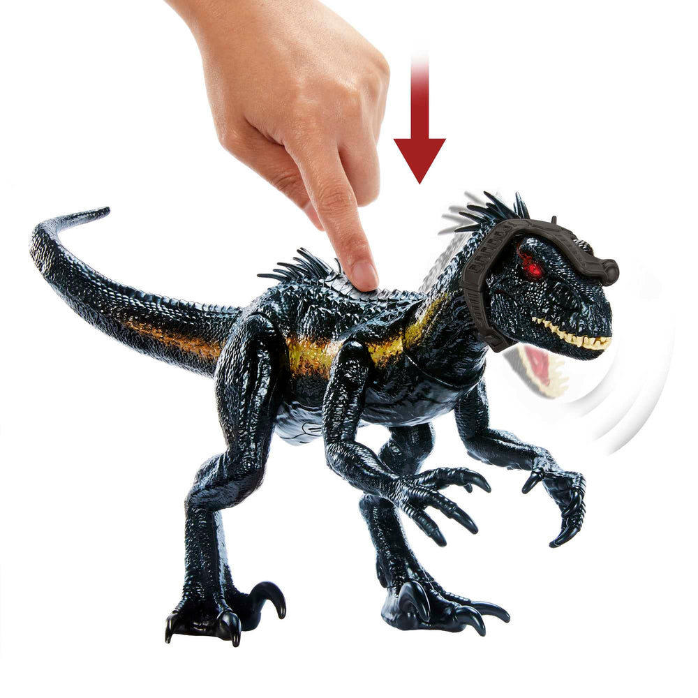 Mattel Indoraptor glowing eyes during action enhance nighttime play.