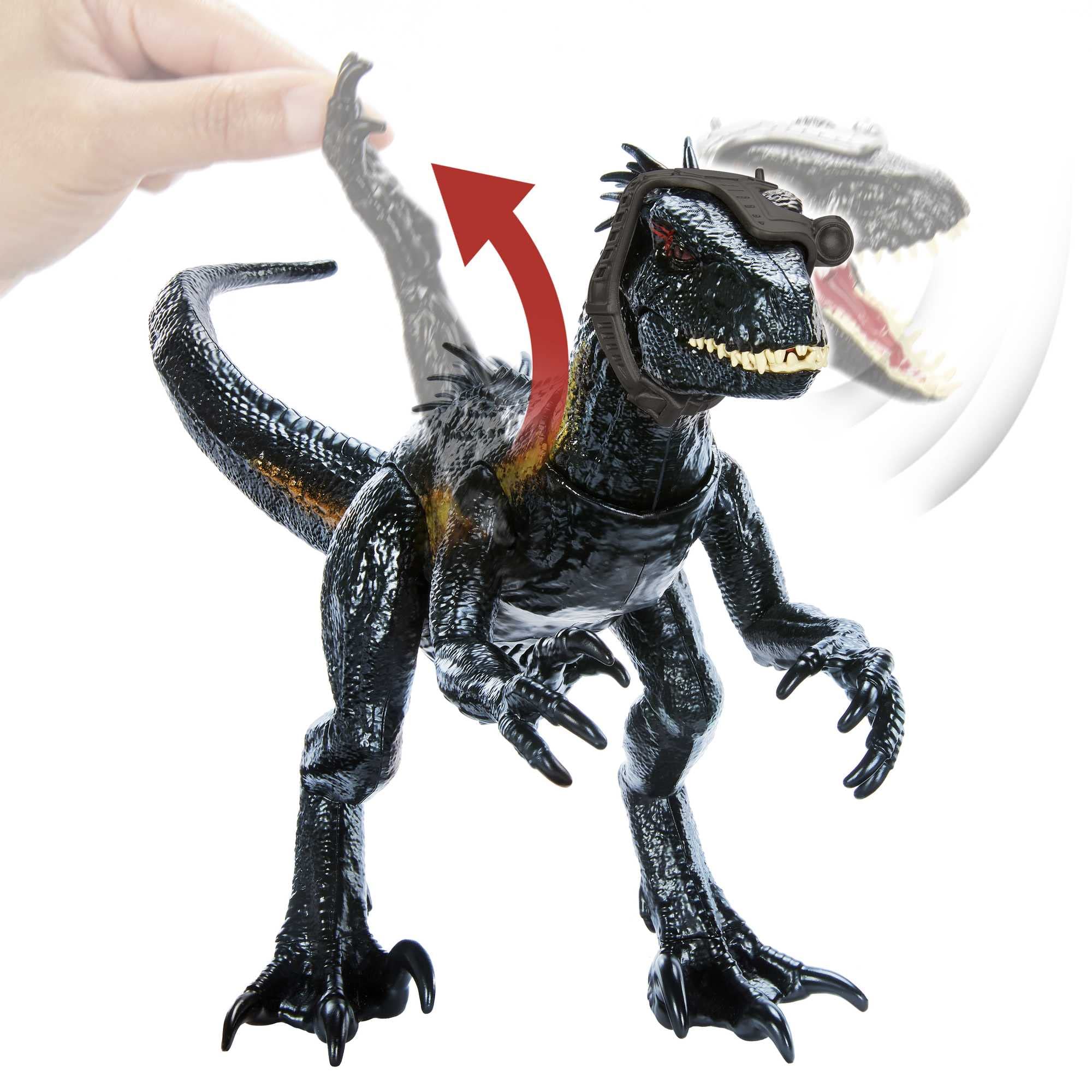 Mattel Indoraptor headgear tracker highlights tracking capability during pretend missions.