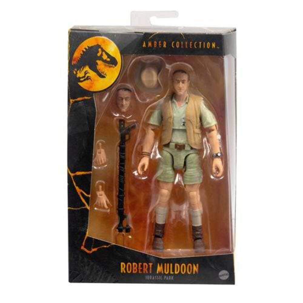 Mattel Jurassic World Amber Collection Muldoon figure in safari gear for poseable display.
