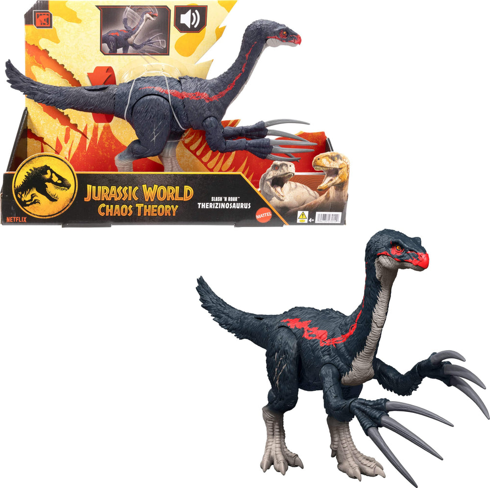 Mattel Jurassic World Chaos Theory Therizinosaurus Claw Attack for dramatic battle play.