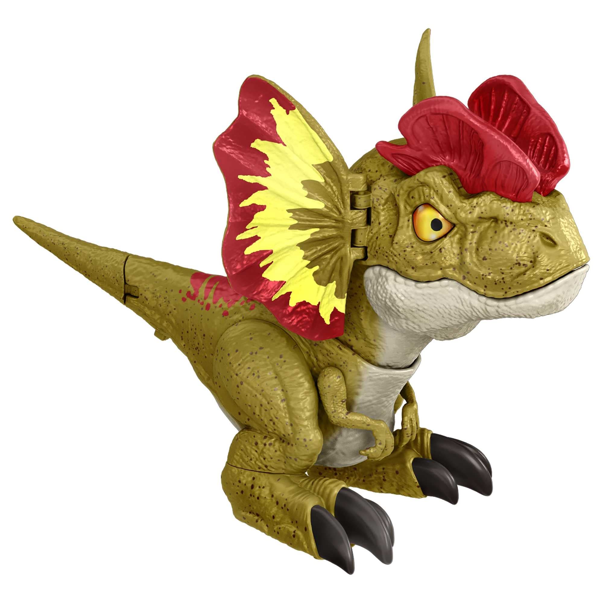 Mattel Jurassic World Dilophosaurus chomp motion action ready for interactive pretend adventures.
