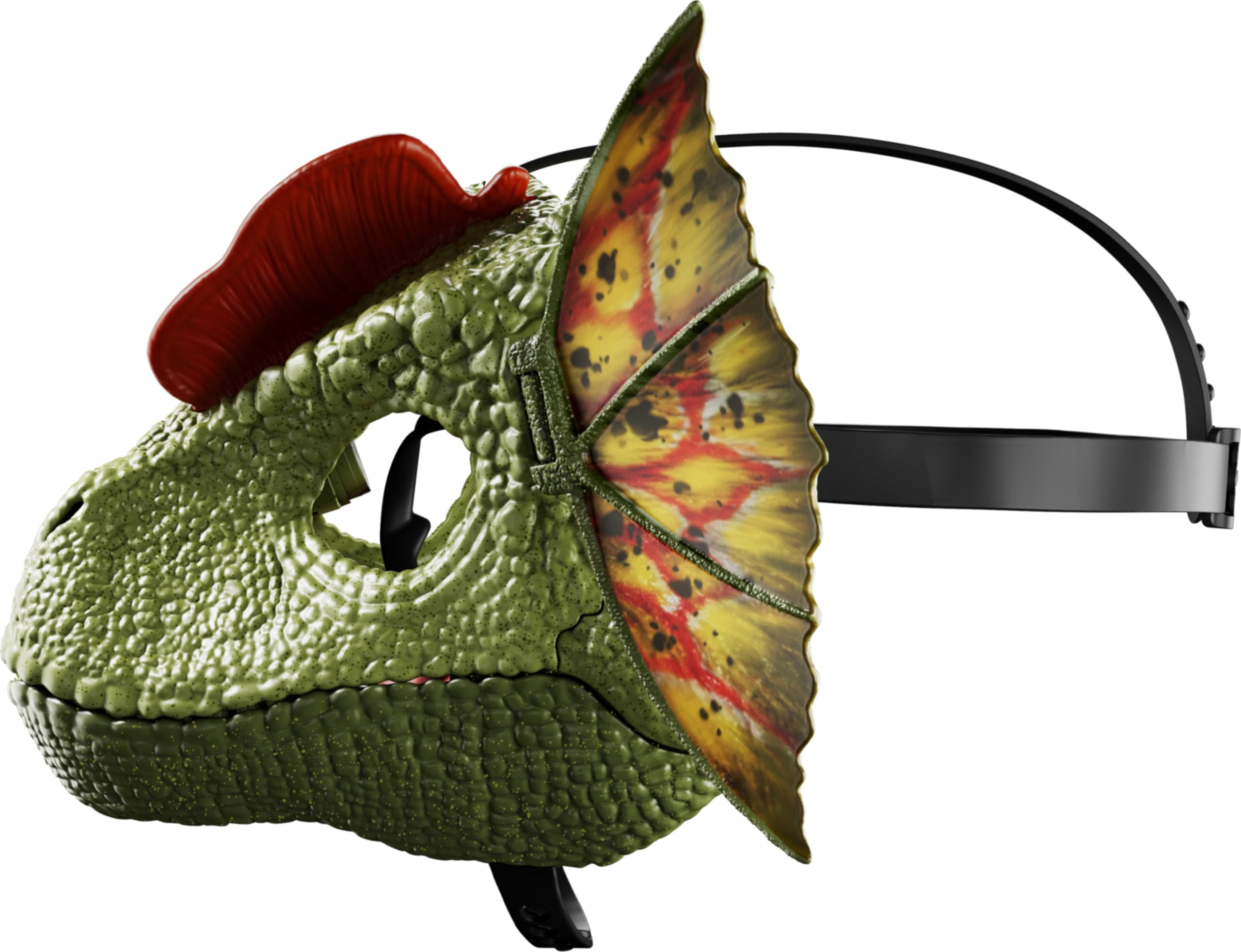 Mattel Jurassic World Dilophosaurus mask adjustable strap for secure, comfortable wear.