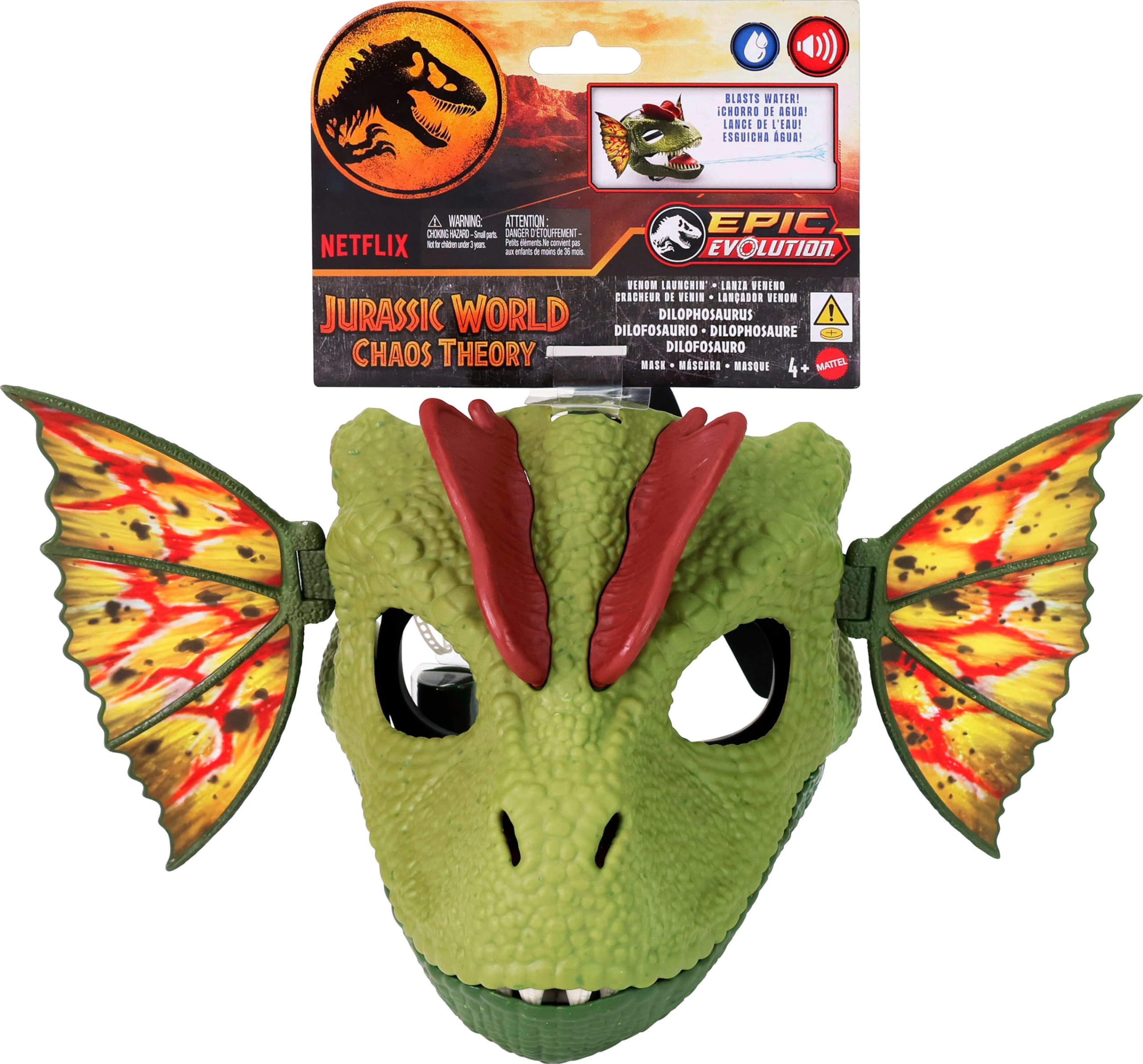 Mattel Jurassic World Dilophosaurus mask frill extends over 13 inches for authentic silhouette.