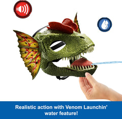 Mattel Jurassic World Dilophosaurus mask roars and chittering for immersive role play.
