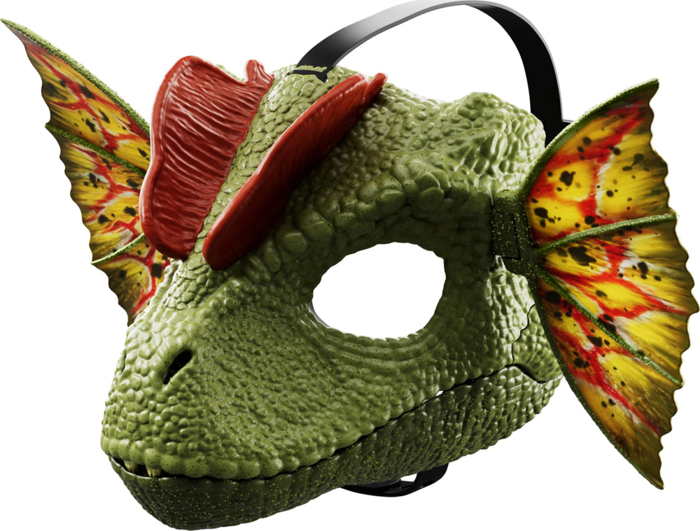 Mattel Jurassic World Dilophosaurus mask with venom water feature for dynamic play.