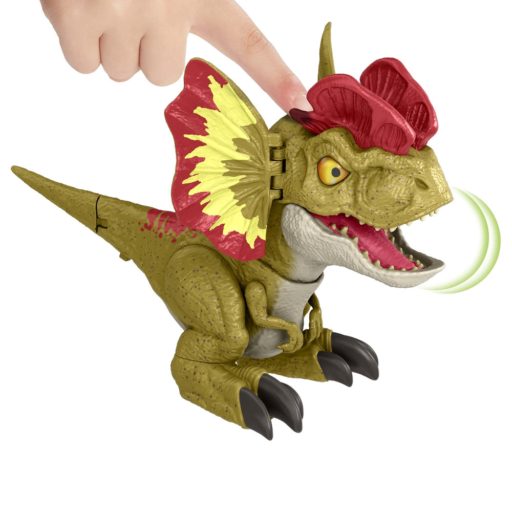 Mattel Jurassic World Dilophosaurus stands about seven inches tall for shelf display.