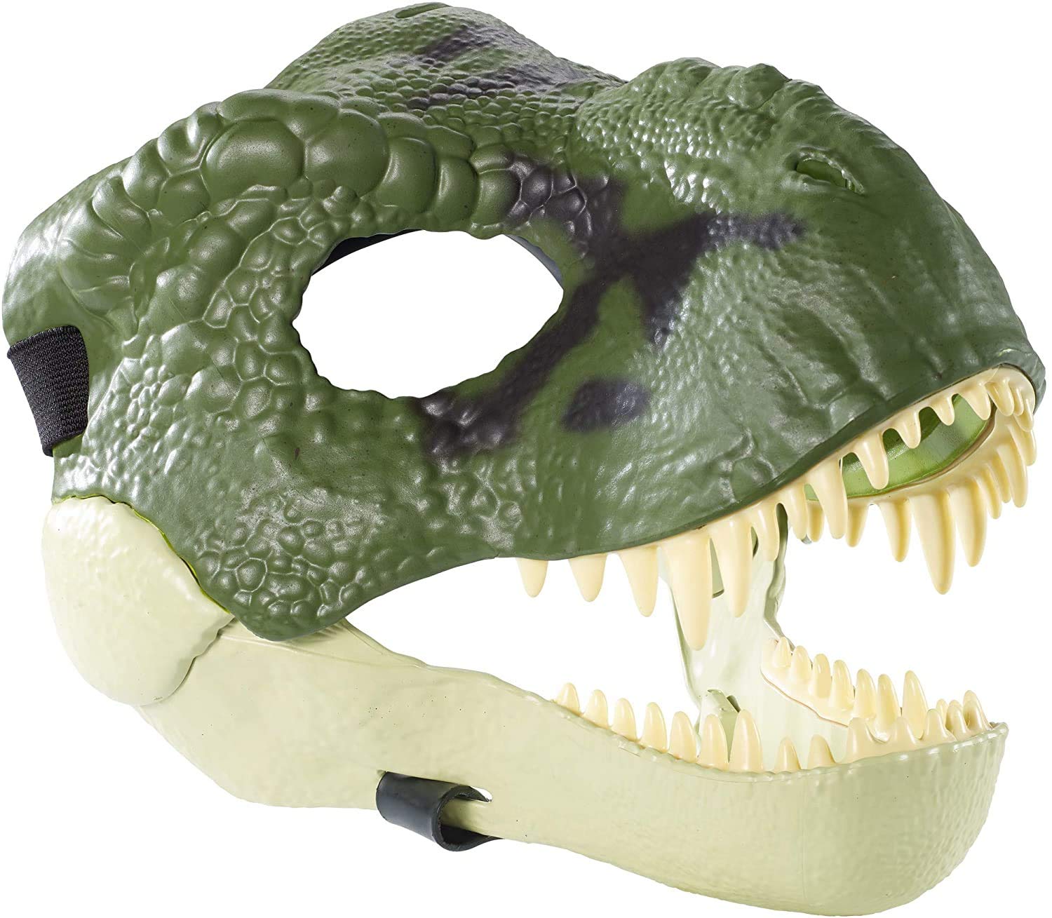 Mattel Jurassic World T-Rex green mask open jaw for chomping action.
