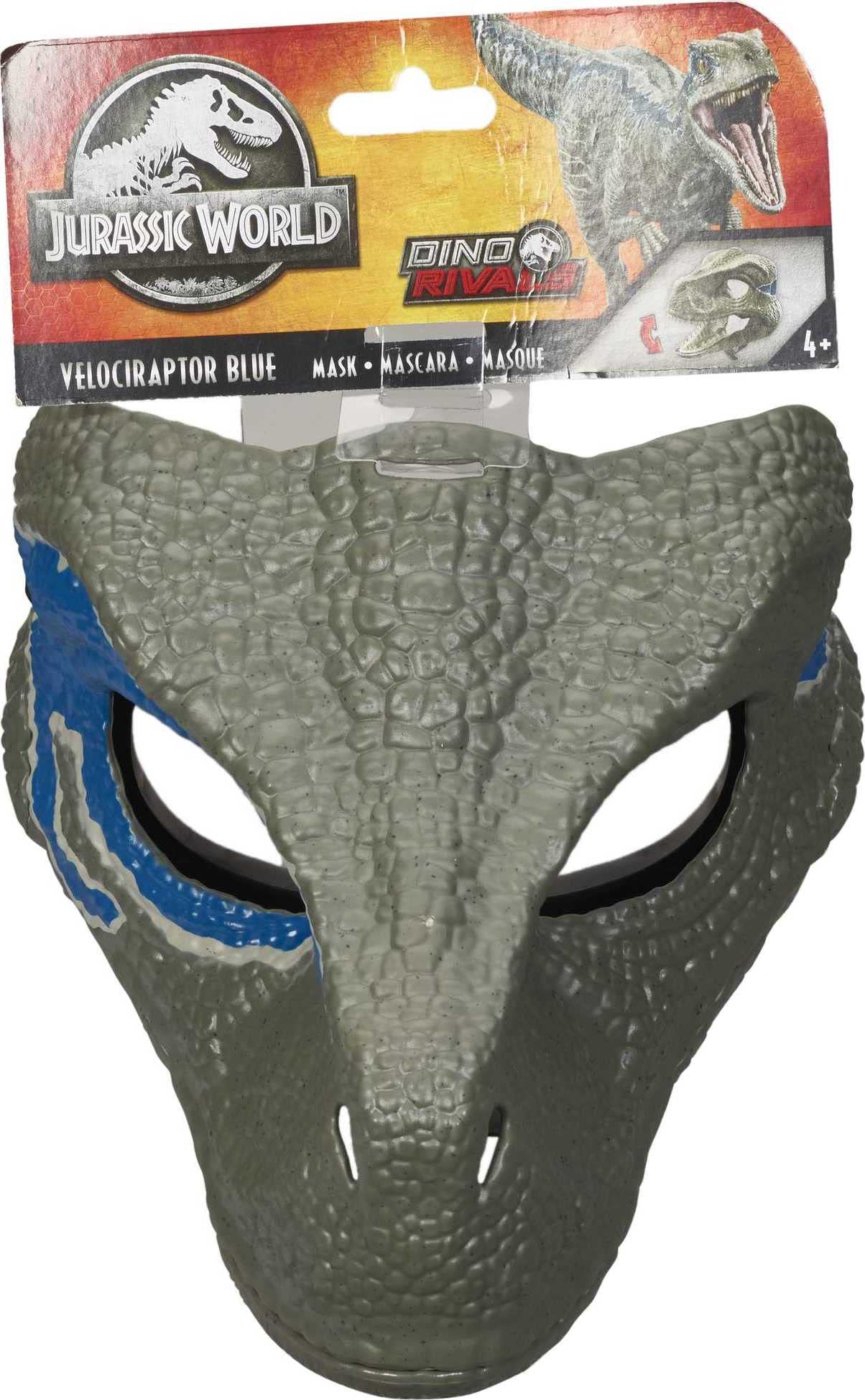 Mattel Jurassic World Dominion Blue Mask packaging image suggests gift-ready dinosaur role play.