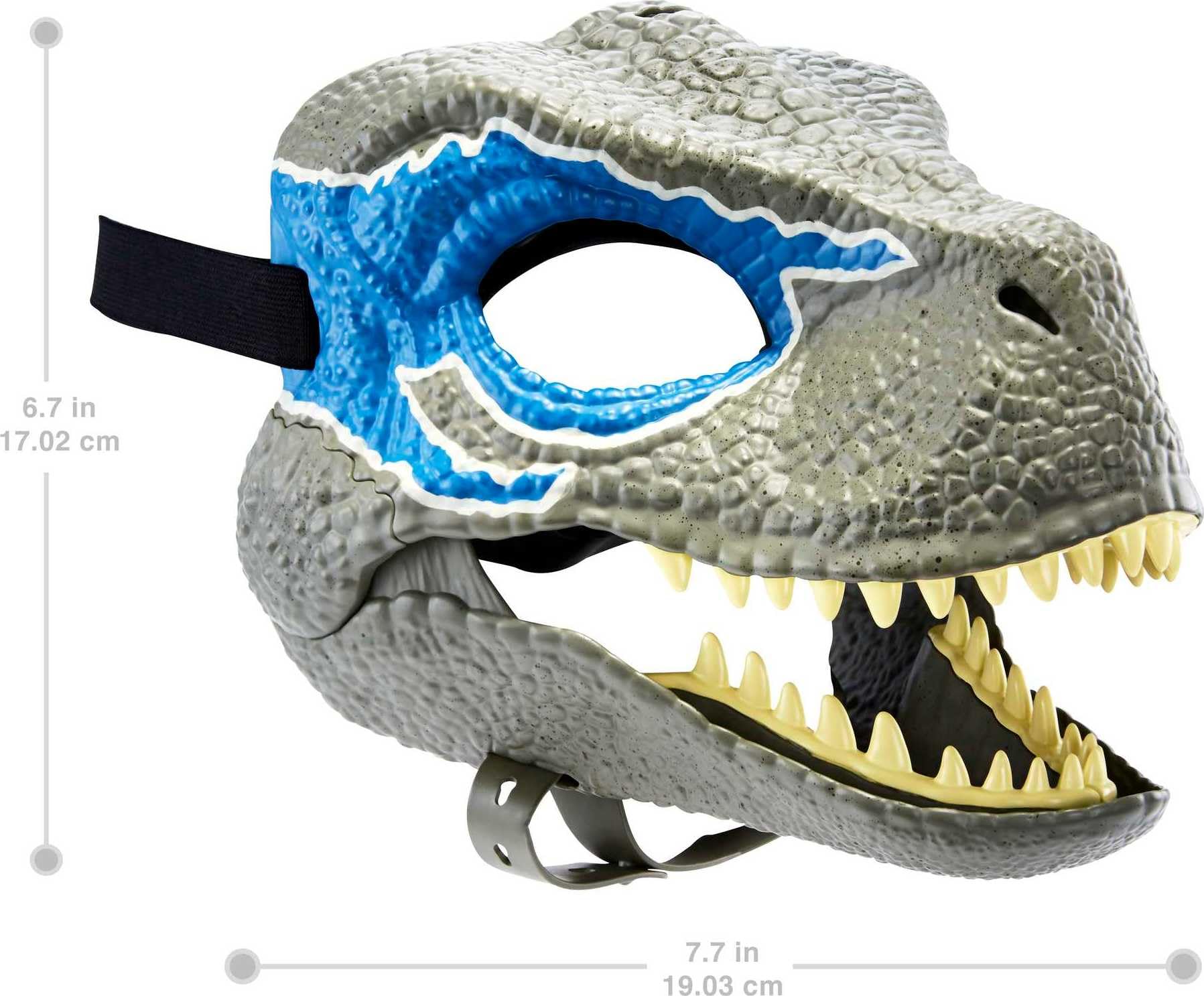Mattel Jurassic World Dominion Blue Mask side view highlighting secure strap for comfort.