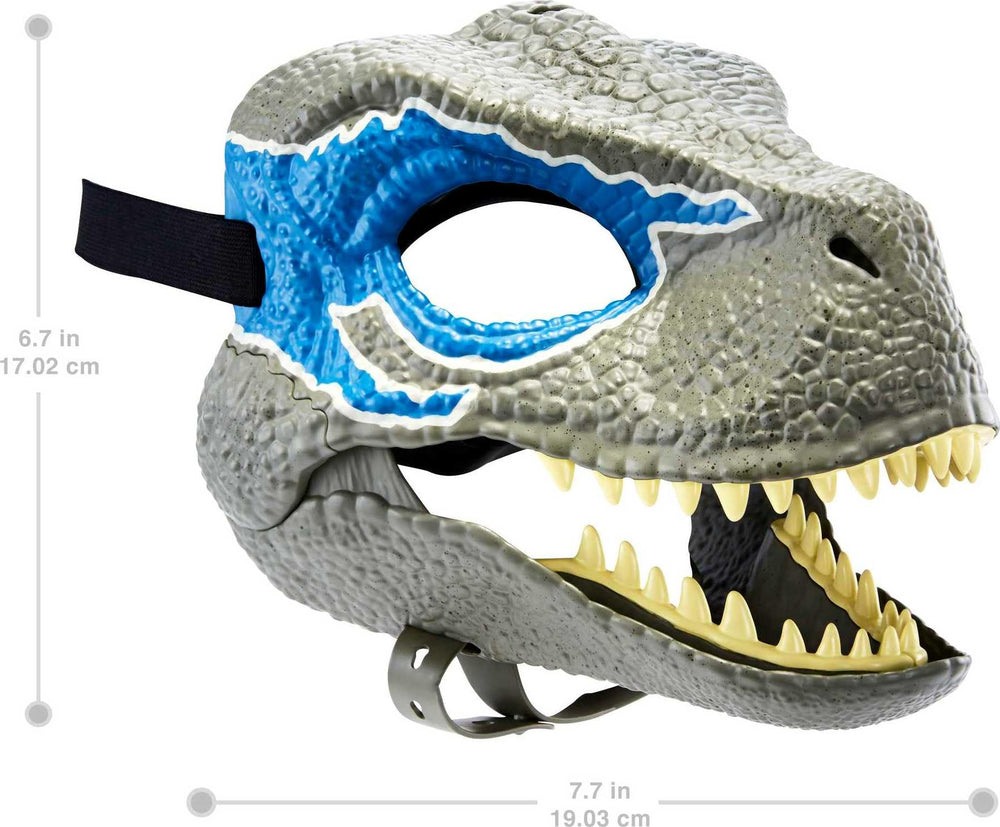 Mattel Jurassic World Dominion Blue Mask side view highlighting secure strap for comfort.