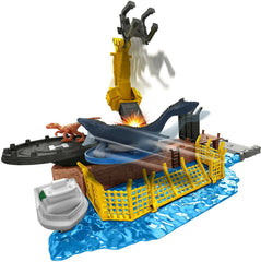 Mattel Mosasaurus playset helipad scene enhances aerial and water-dinosaur play.