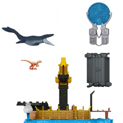 Mattel Jurassic World Minis Mosasaurus launcher action for dynamic dino battles.