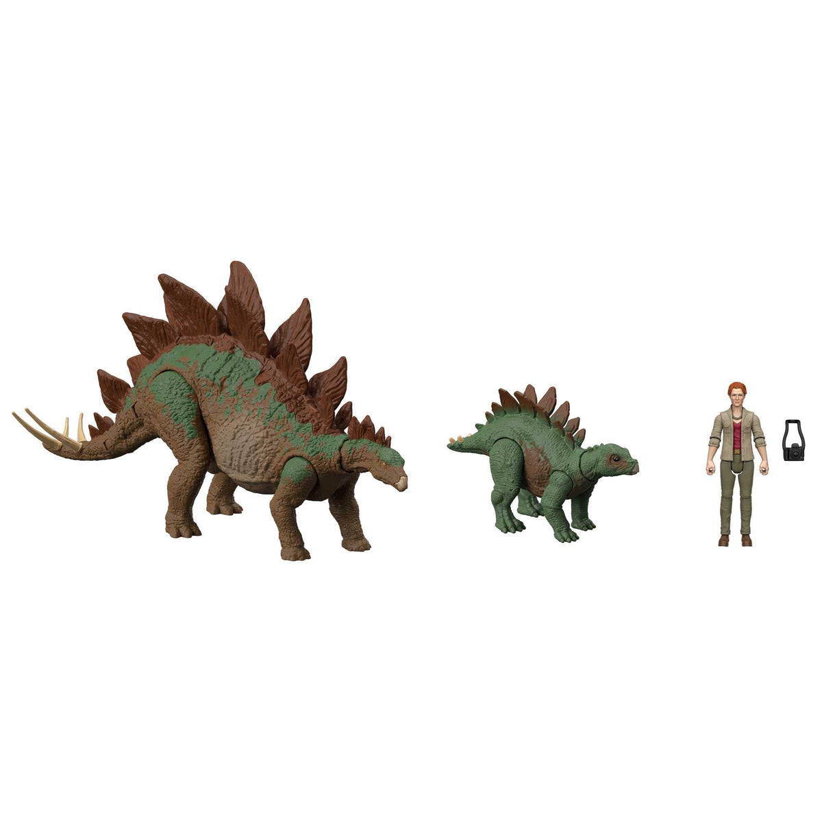 Mattel Jurassic World Dr. Sarah Harding figure with small Stegosaurus for cinematic storytelling adventures.