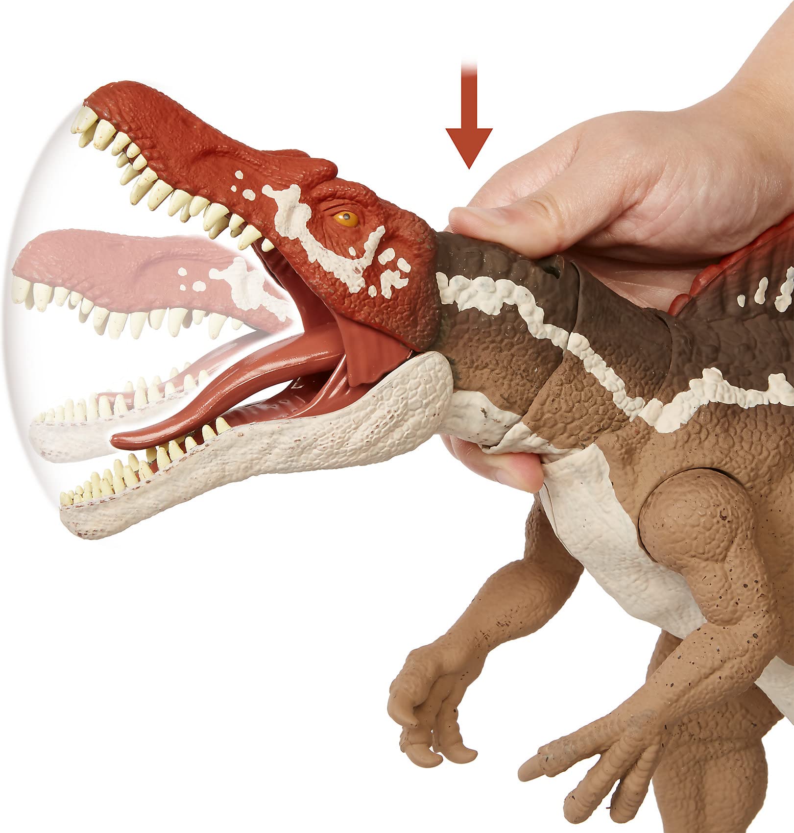 Mattel Jurassic World Spinosaurus huge teeth reveal during prey capture action.