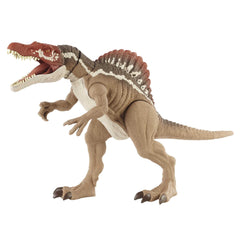 Mattel Jurassic World Extreme Chompin' Spinosaurus jaw-activation reveals huge teeth during play.