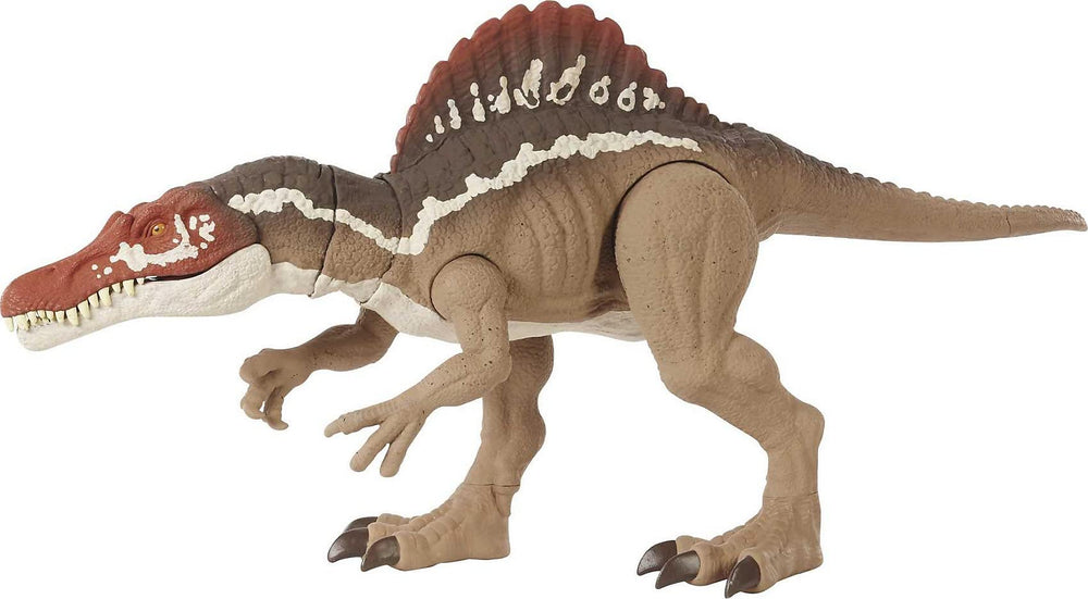 Mattel Jurassic World Spinosaurus realistic sculpting enhances display and imaginative storytelling.