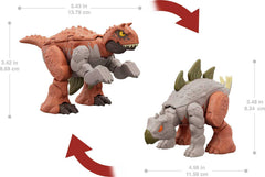 Mattel Jurassic World Fierce Changers T-rex with Ankylosaurus deco variant for collectability and display.