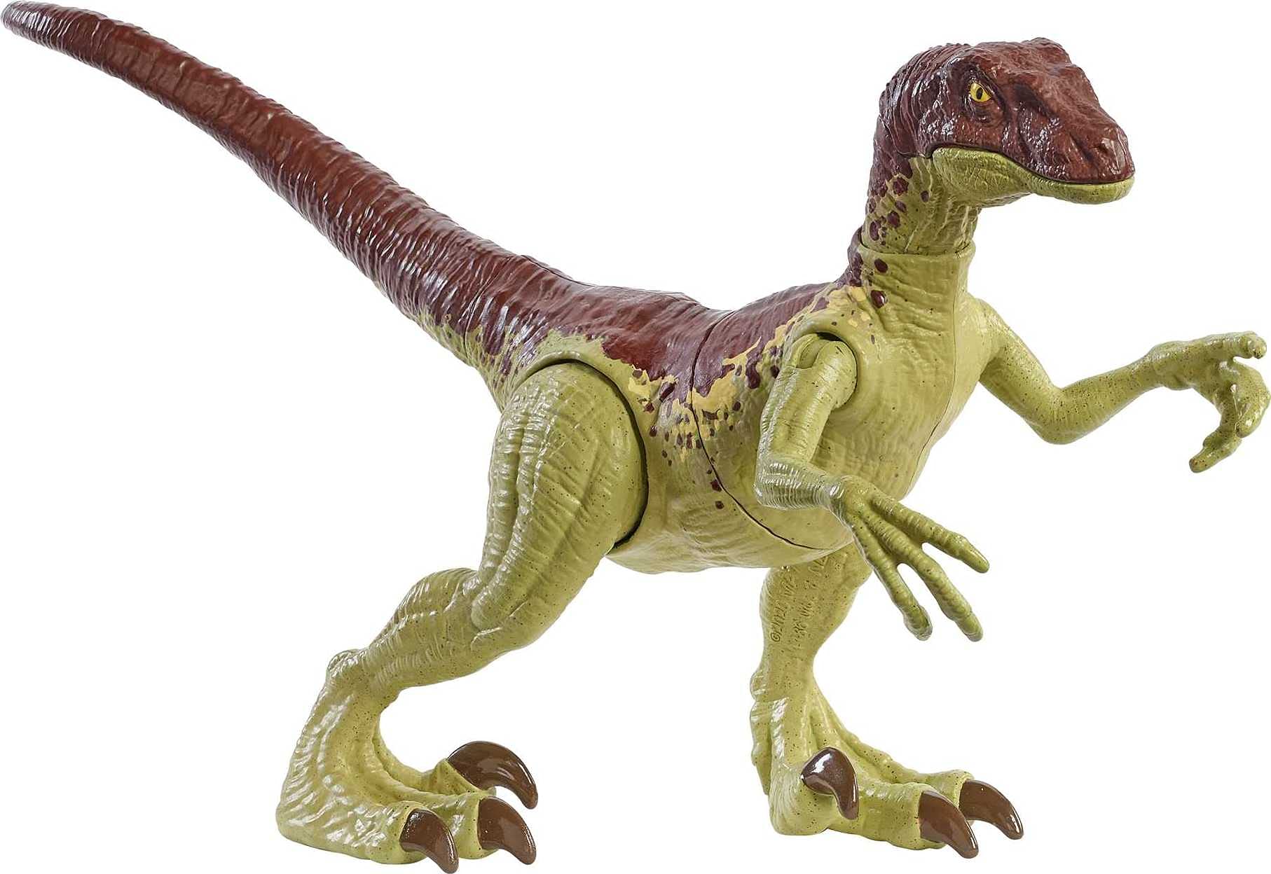 Mattel Jurassic World Fierce Force Velociraptor in dynamic pose enabling poseable action.