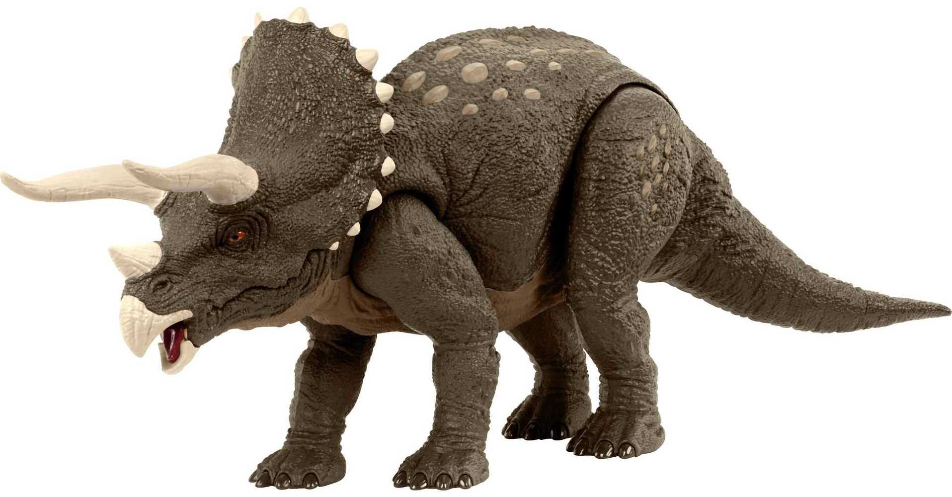 Mattel Jurassic World Habitat Defender Triceratops figure in desert habitat design for imaginative play