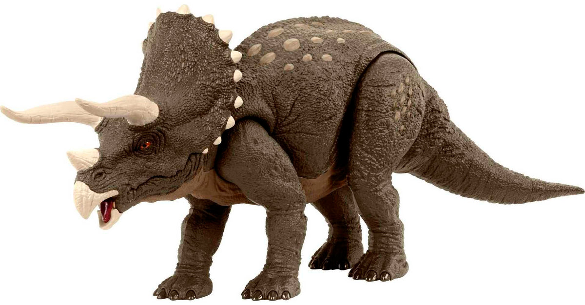 Mattel Jurassic World Habitat Defender Triceratops figure in desert habitat design for imaginative play