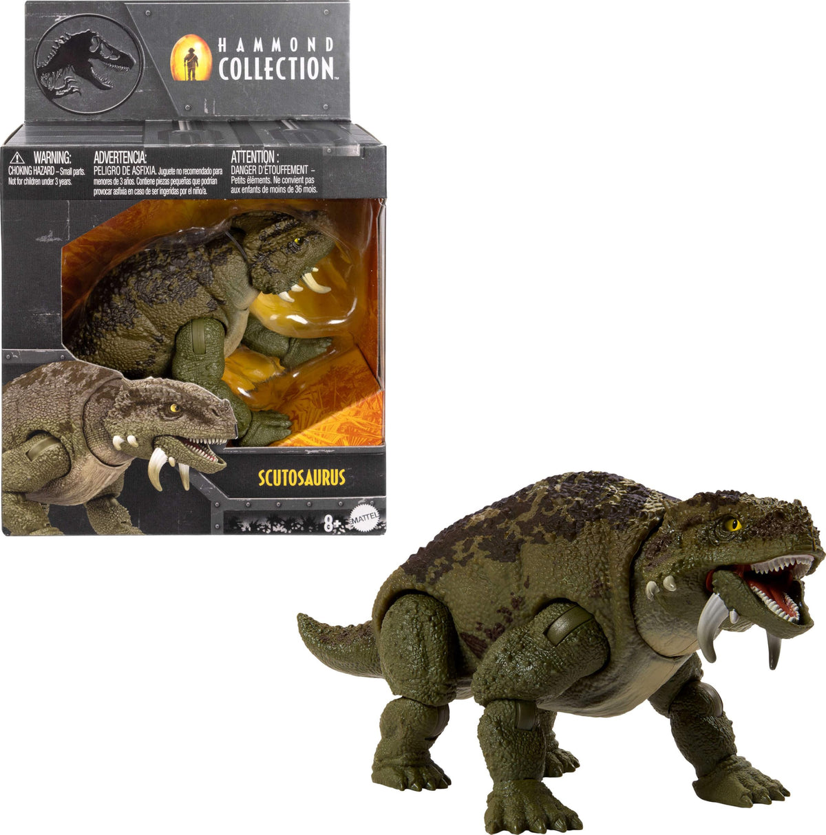 Mattel Scutosaurus with glass eyes enhances display realism and collector appeal.