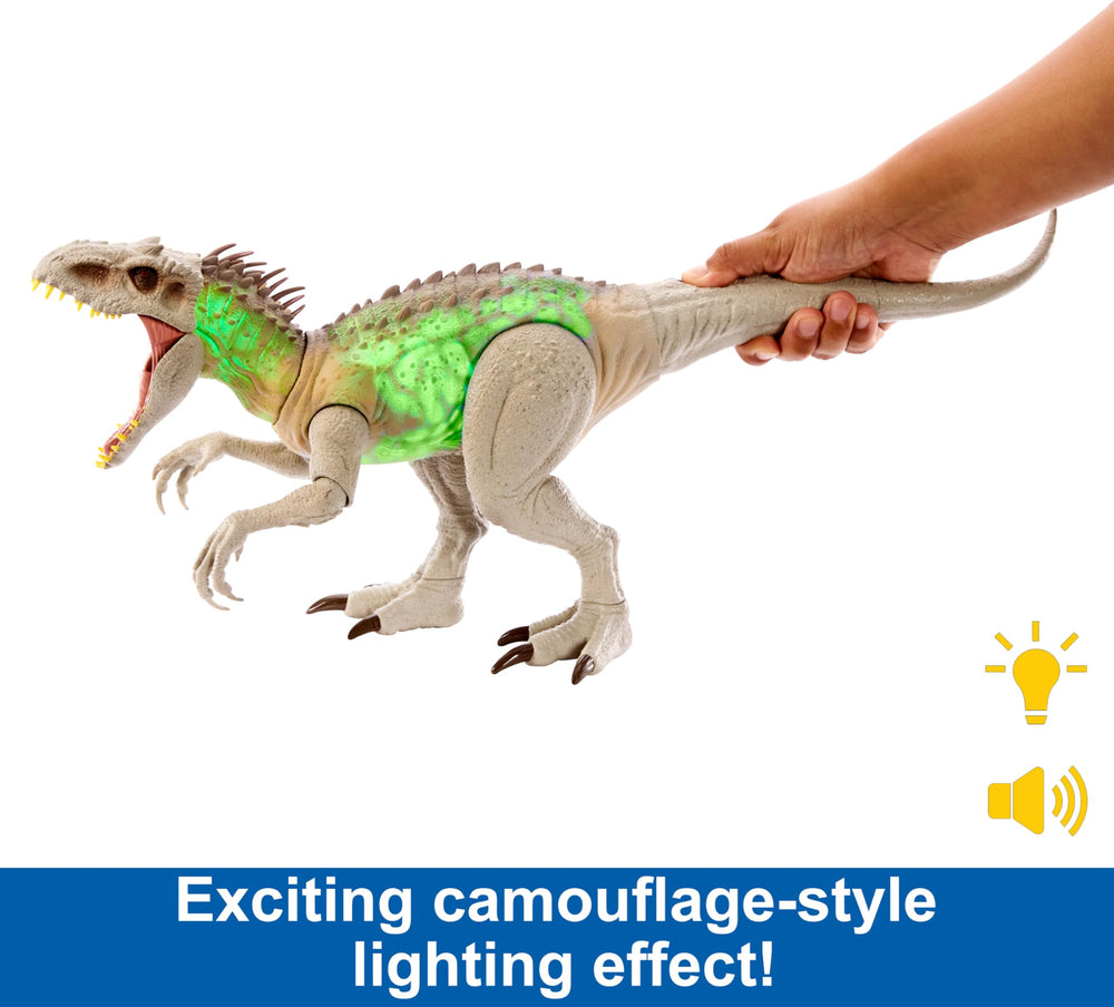 Mattel Jurassic World Indominus Rex roars with lights for immersive storytelling.