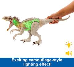 Mattel Jurassic World Indominus Rex roars with lights for immersive storytelling.