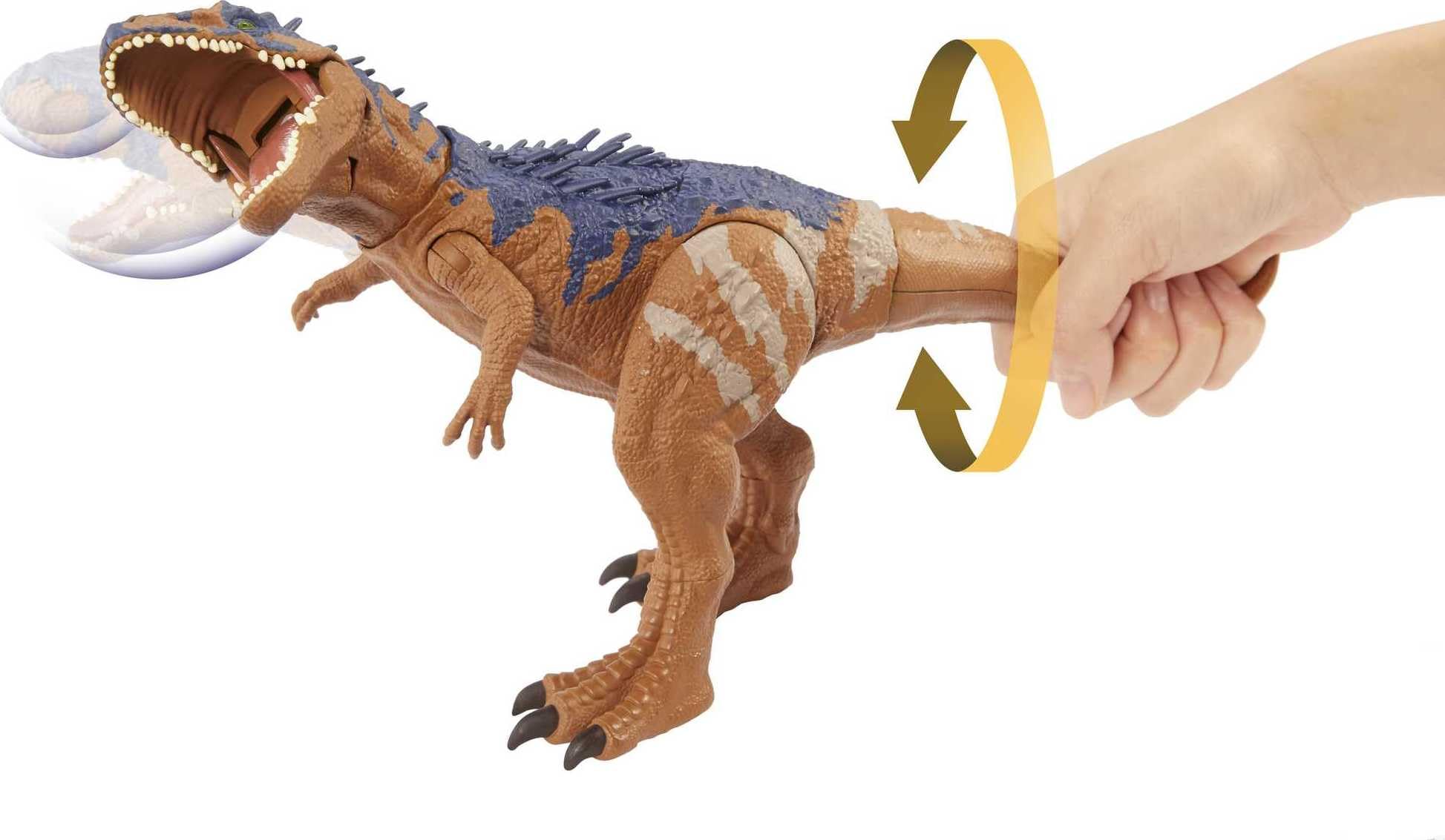 Mattel Jurassic World Massive Biters tail-activation moves show dramatic action