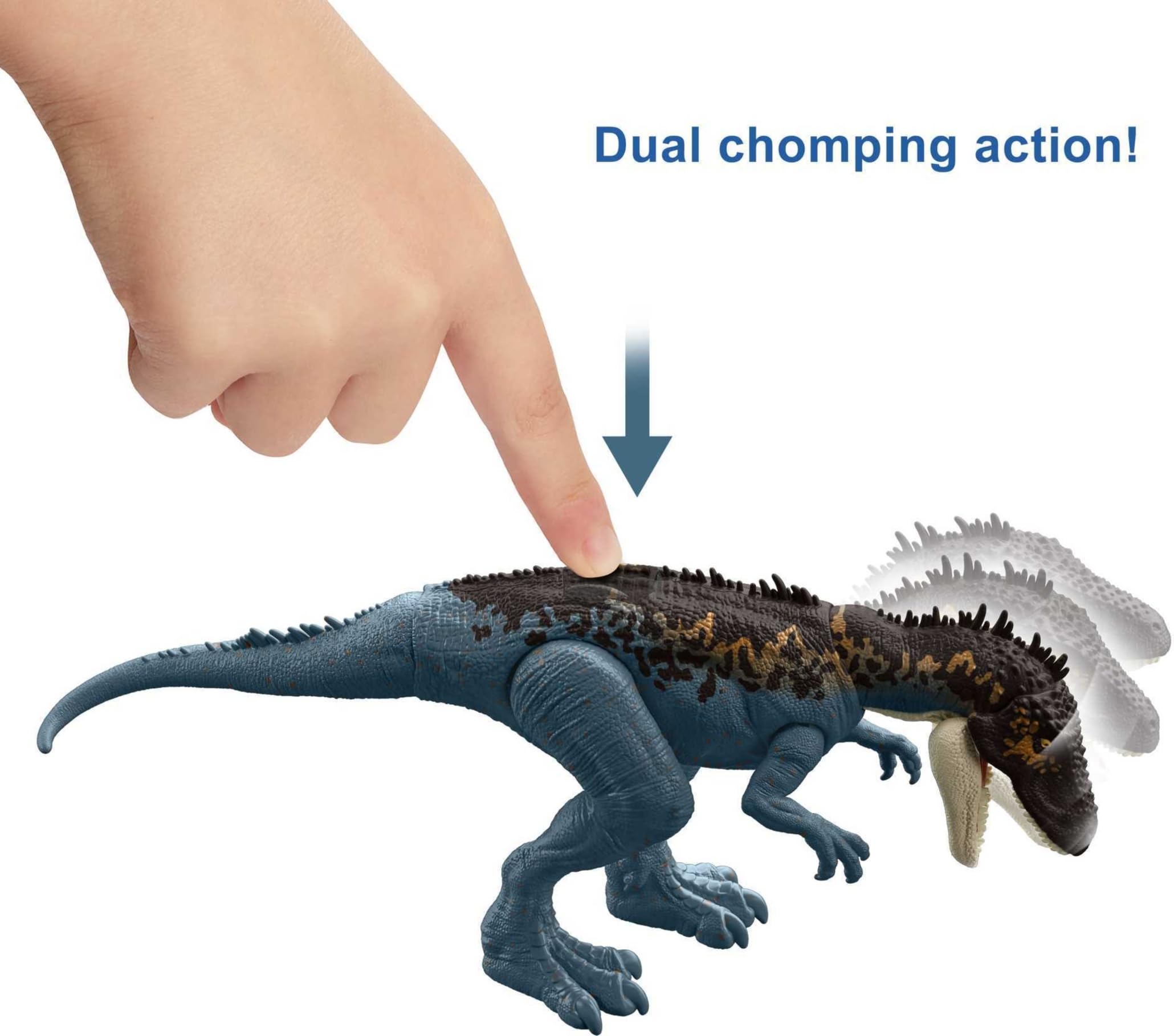 Mattel Jurassic World Mega Destroyers Carcharodontosaurus Blue with breakaway accessory for quick combat battles