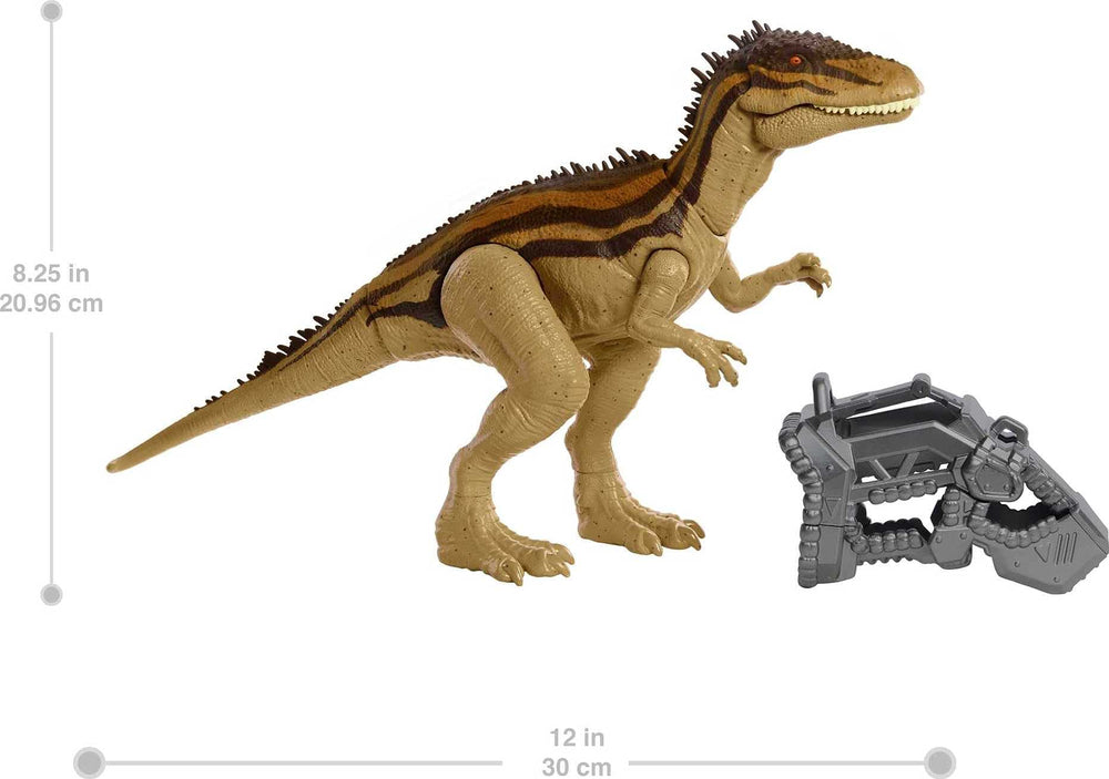 Mattel Jurassic World Mega Destroyers Carcharodontosaurus Brown breakaway accessory for dramatic escapes.