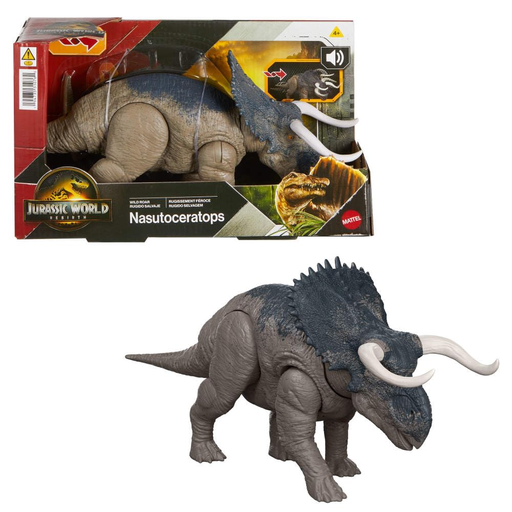Mattel Jurassic World Nasutoceratops attack pose with roaring sound.