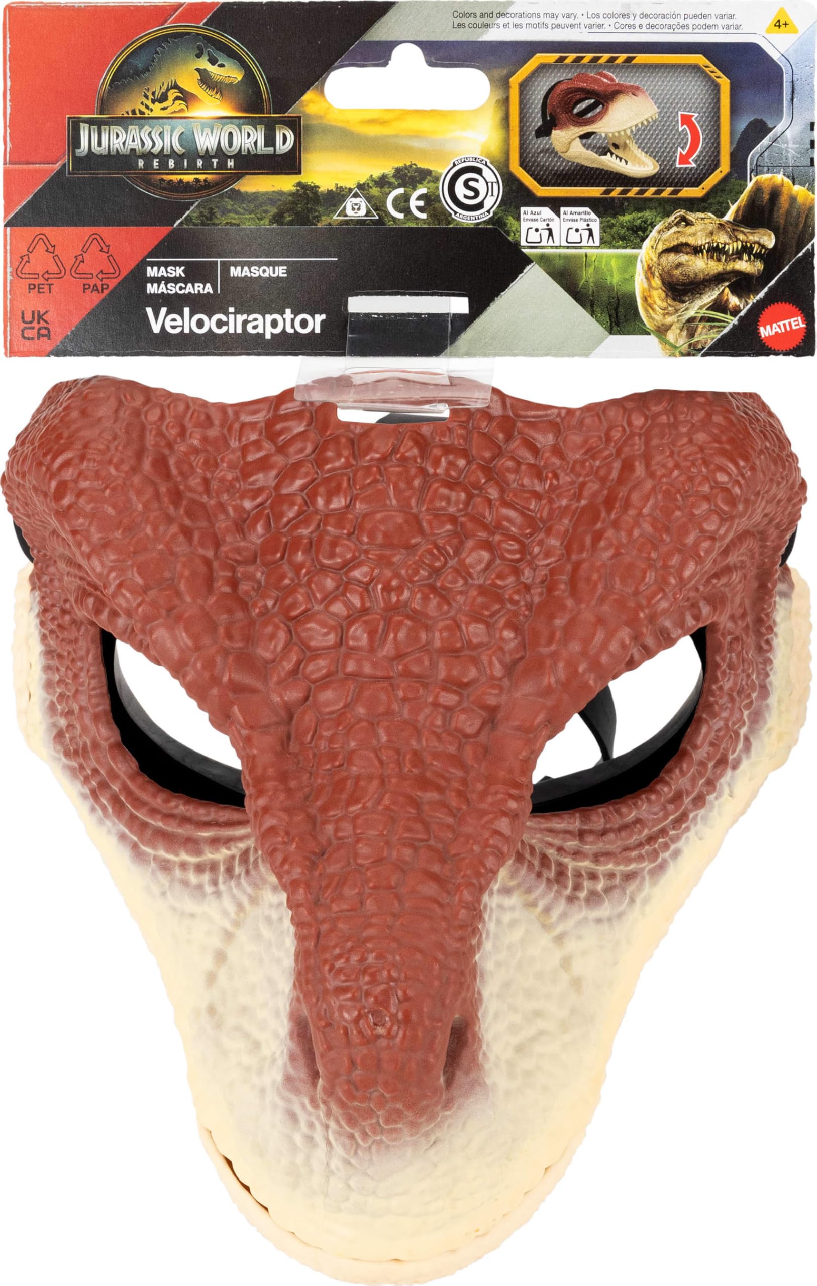 Mattel Jurassic World Rebirth Raptor mask eye and nose openings for easy wear.