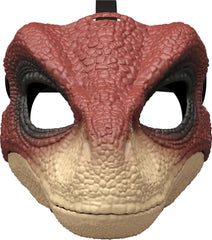 Mattel Jurassic World Rebirth Raptor mask open jaw for dynamic action.
