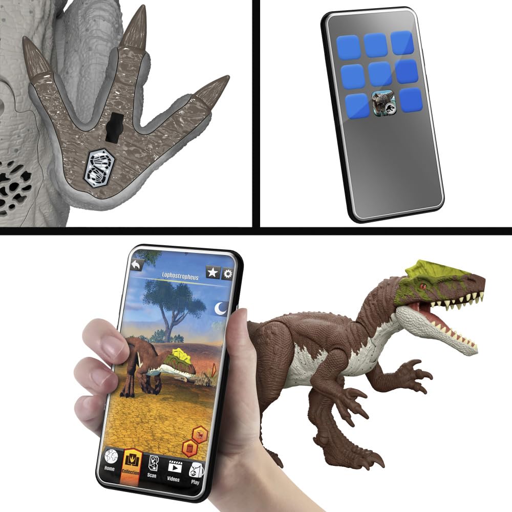 Mattel Jurassic World Rebirth Tyrannotitian AR scan unlocks digital features.